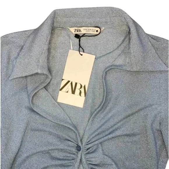Zara Open Detail Ruched Top NWT |  Metallic Blue | Size M - Picture 5 of 11